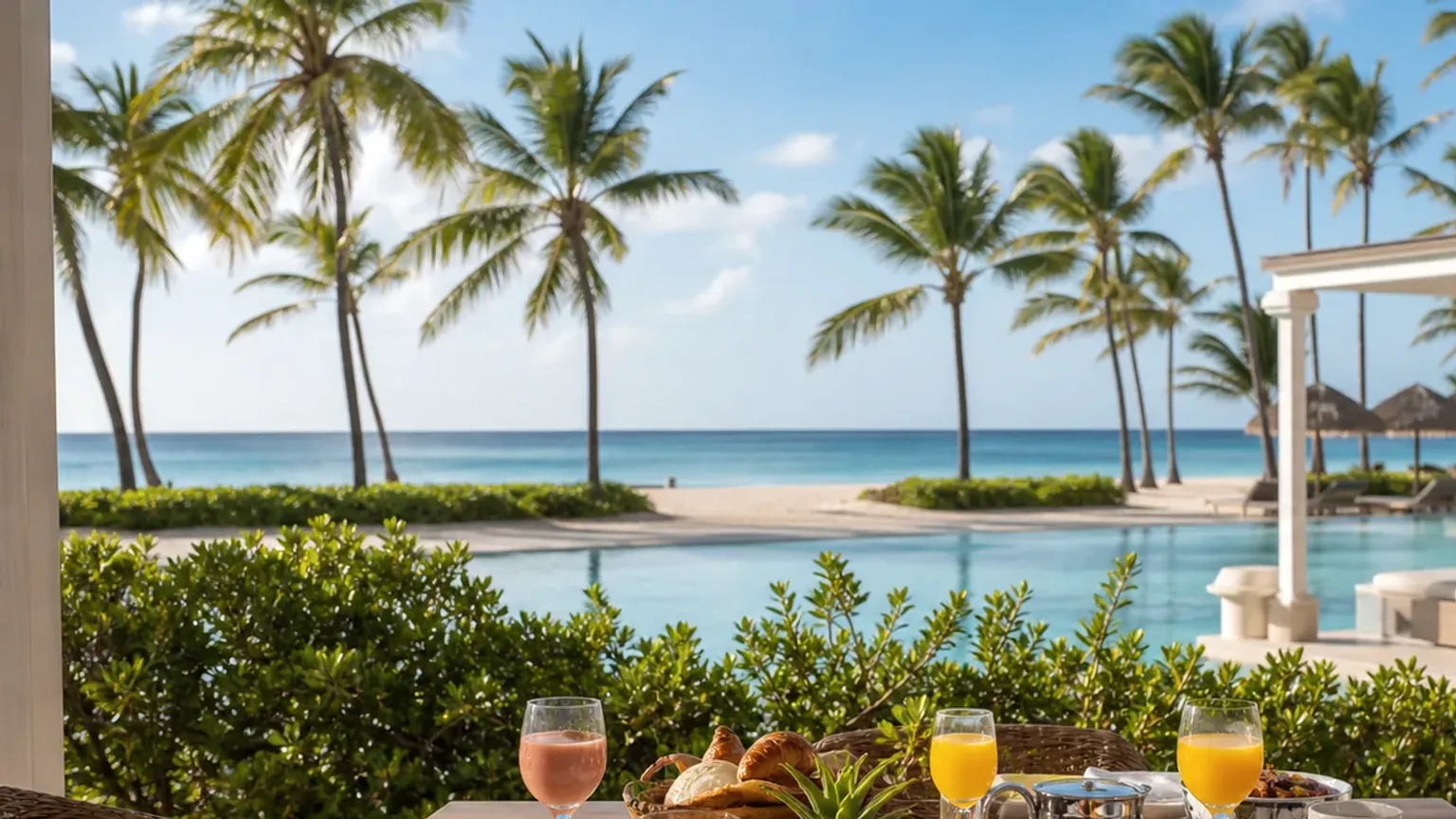 Cena fotográfica de resort all inclusive em Punta Cana com praia, piscina e pequeno-almoço.