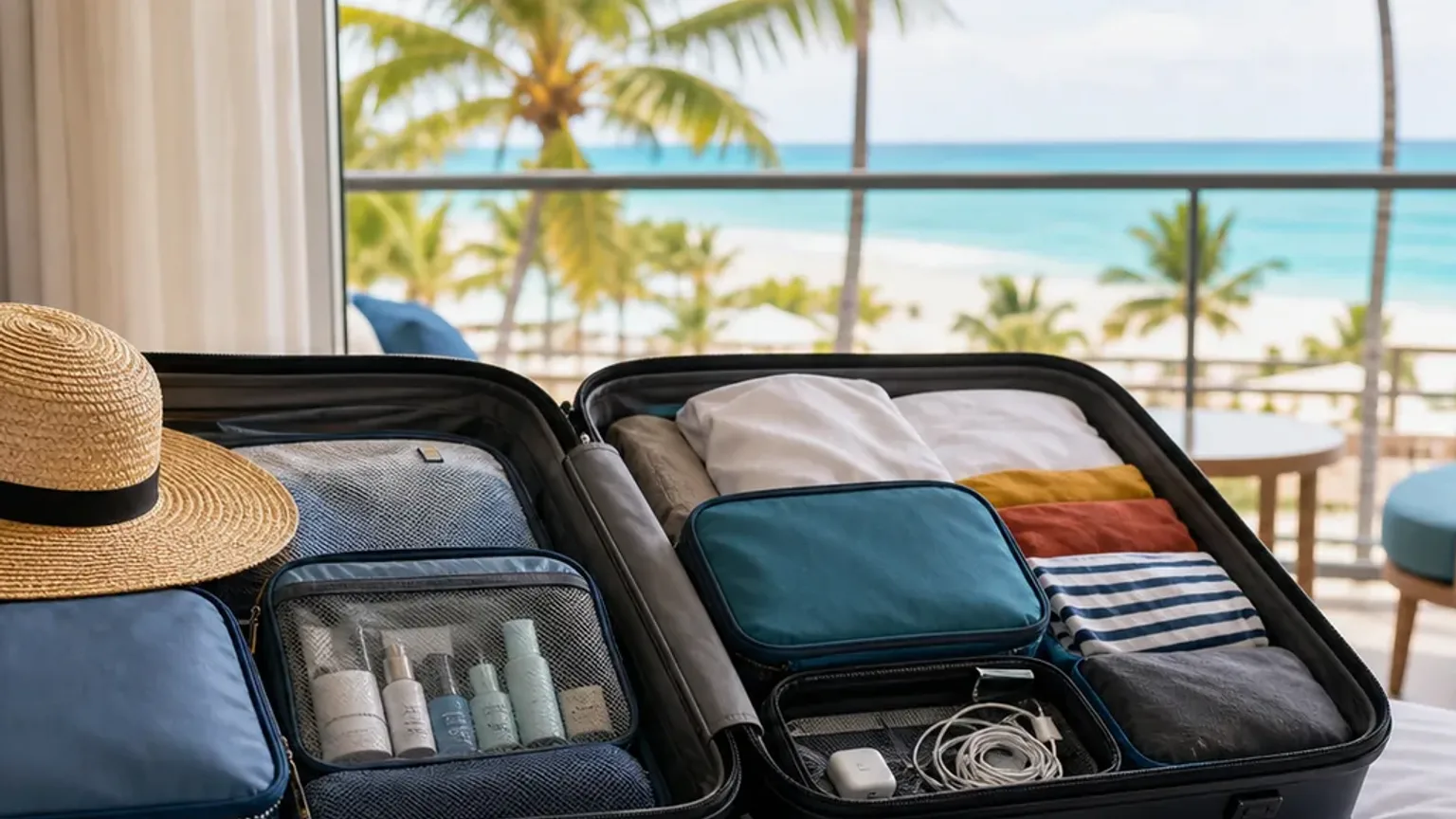 Cena fotográfica de mala e documentos de viagem para preparar o e-ticket da República Dominicana.