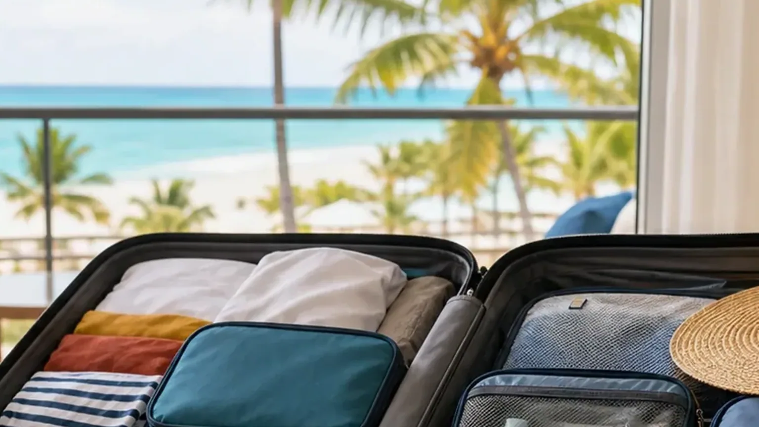 Cena fotográfica de mala e organização final antes de viajar para Punta Cana.
