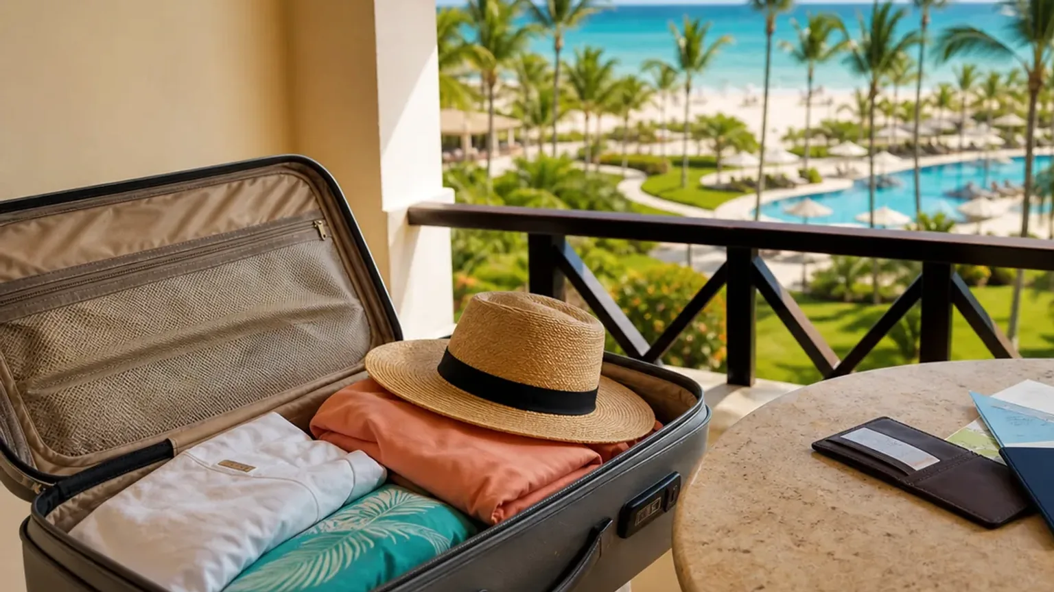 Cena fotográfica de planeamento de roteiro de 5 dias em Punta Cana com mala e resort tropical.